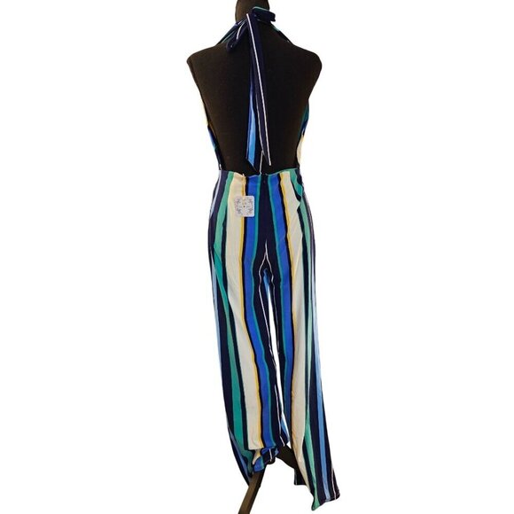 Striped Halter Neck Jumpsuit With Tie Back & Back Zipper Sexy and Causal Size M - Picture 2 of 5